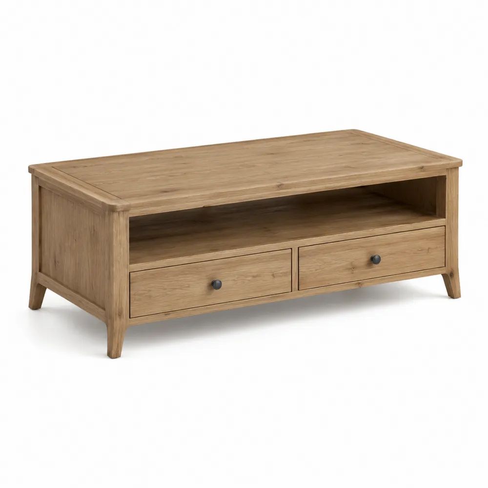 Table basse rectangulaire en chêne massif et placage chêne brun naturel avec 2 tiroirs et niche, 110 x 60 x 45 cm