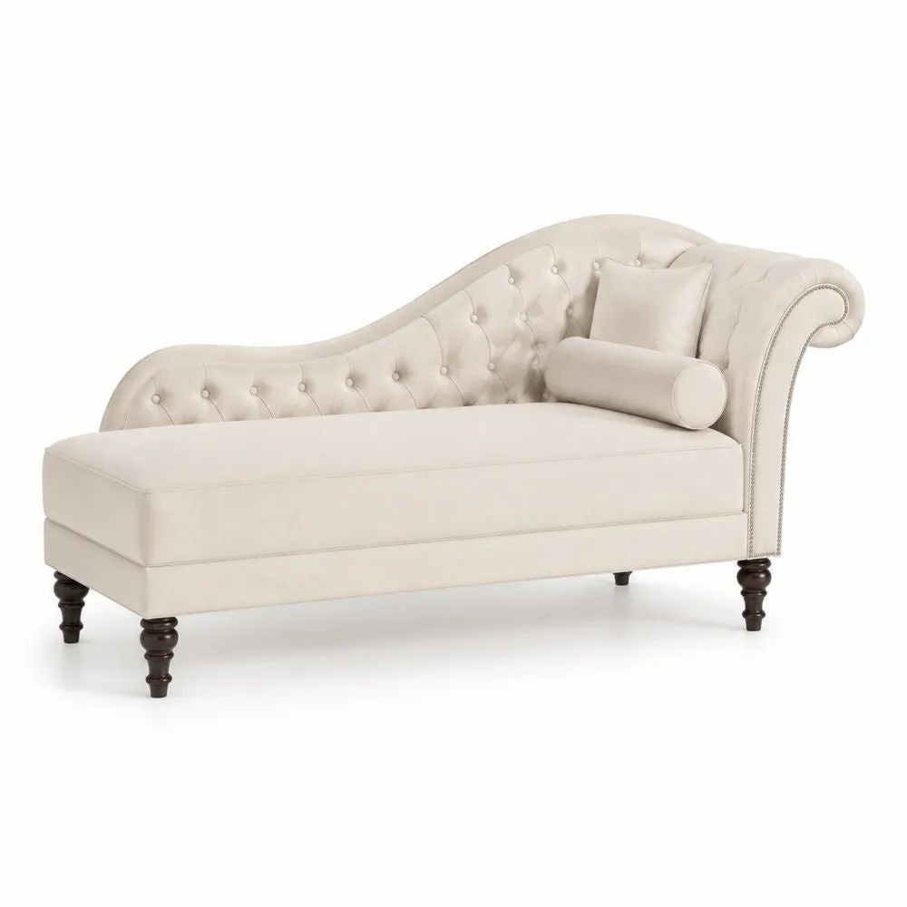 Méridienne capitonnée en velours polyester crème avec 2 coussins, 188 × 78 × 89 cm