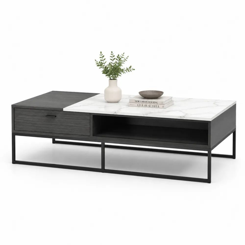 Table basse rectangulaire avec tiroir et niche, panneaux de particules effet marbre blanc et métal noir, 110 × 55 × 45 cm