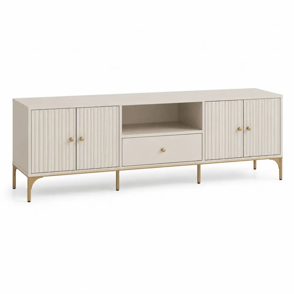 Meuble TV bas en MDF et acier beige et doré, 4 portes, 1 tiroir et 1 niche, 180 x 40 x 70 cm