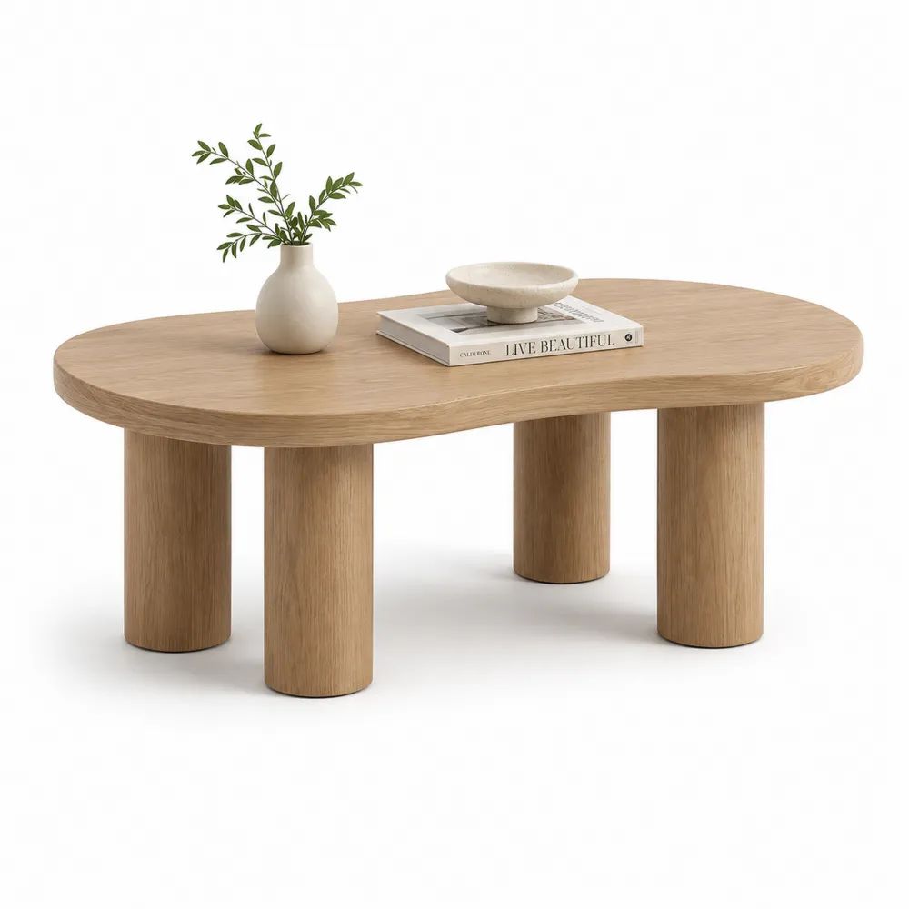 Table basse ovale en MDF plaqué chêne clair, 120 × 70 × 45 cm