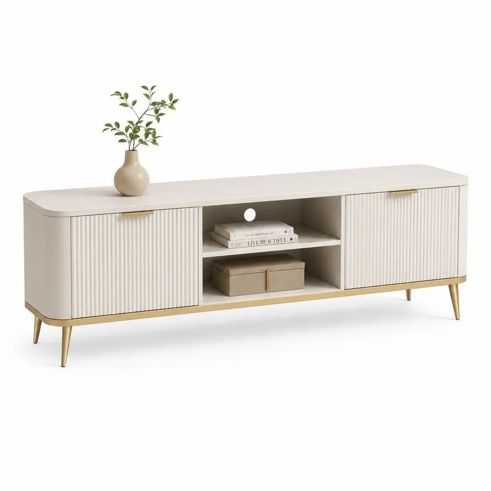 Meuble TV bas en MDF à 2 portes cannelées, blanc cassé et doré, 180 × 40 × 60 cm