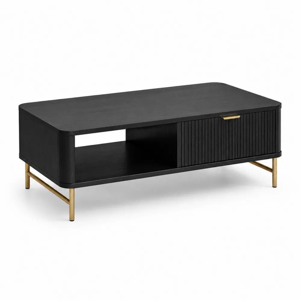 Table basse rectangulaire avec rangement en MDF et acier, noir et doré, 100 × 50 × 45 cm