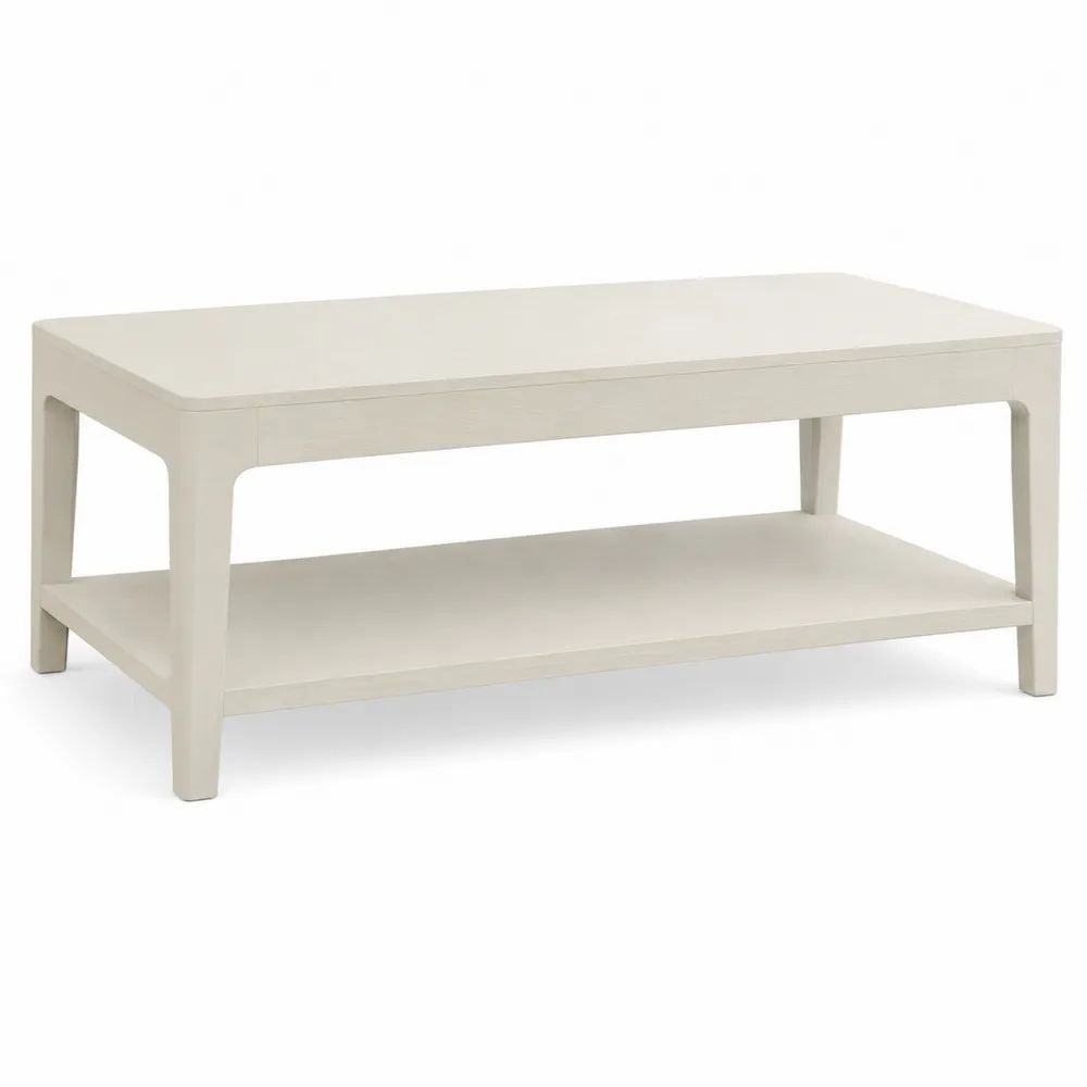 Table basse rectangulaire en bois blanc cassé avec étagère, 110 × 60 × 45 cm