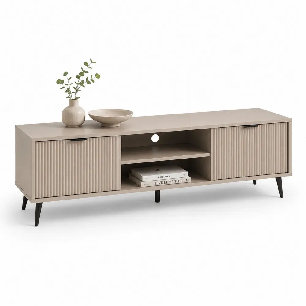 Meuble TV bas beige taupe et noir en bois et métal, 2 portes cannelées et 2 niches, 160 × 40 × 55 cm