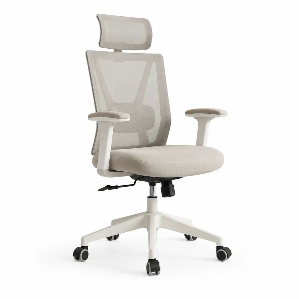 Chaise de bureau ergonomique pivotante en tissu et maille avec appuie-tête, beige et blanche, 64 × 64 × 112–122 cm