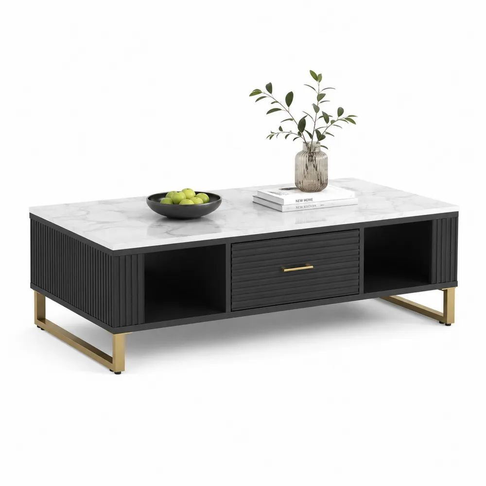 Table basse rectangulaire avec tiroir et 2 niches en MDF noir, plateau effet marbre blanc et pieds en acier doré, 120 x 60 x 45 cm