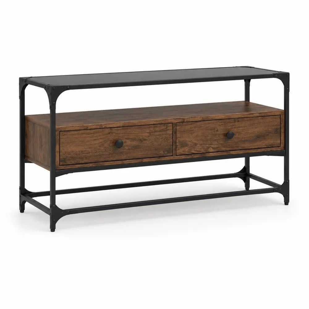 Meuble TV rectangulaire en bois et acier avec étagère supérieure et 2 tiroirs, marron et noir, 120 × 40 × 80 cm