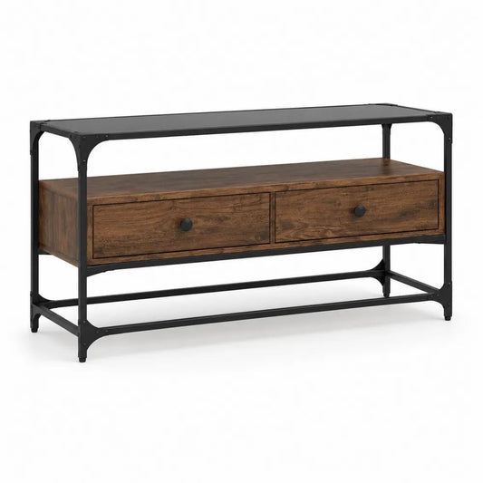 Meuble TV rectangulaire en bois et acier avec étagère supérieure et 2 tiroirs, marron et noir, 120 × 40 × 80 cm