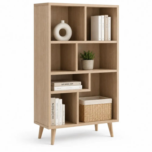 Bibliothèque rectangulaire à 8 compartiments en panneaux de particules mélaminés, chêne naturel, 80 × 30 × 140 cm