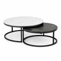 Lot de 2 tables basses gigognes rondes en MDF effet marbre blanc et noir avec structure en acier noir, Ø 80 × H 45 cm et Ø 60 × H 35 cm