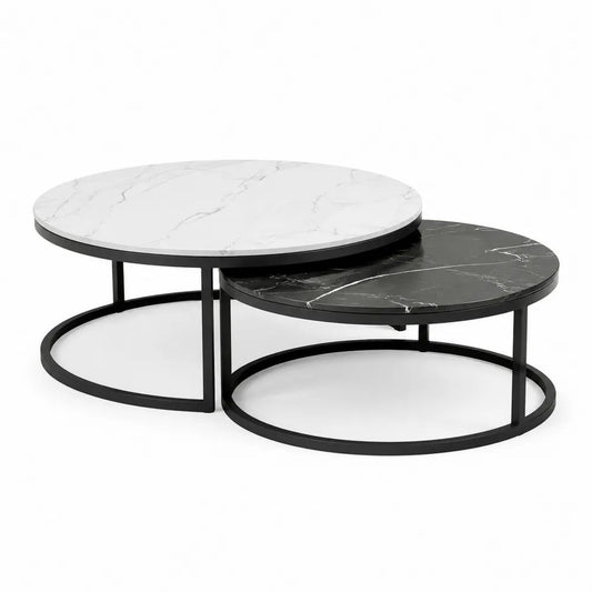 Lot de 2 tables basses gigognes rondes en MDF effet marbre blanc et noir avec structure en acier noir, Ø 80 × H 45 cm et Ø 60 × H 35 cm