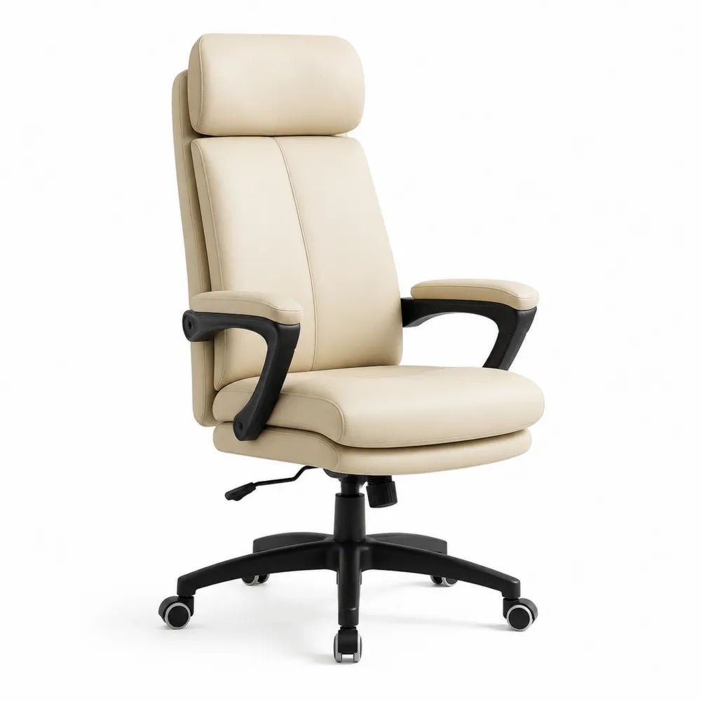 Fauteuil de bureau pivotant réglable en similicuir PU beige et métal noir, dossier haut avec appuie-tête et accoudoirs, 68 × 72 × 119-129 cm