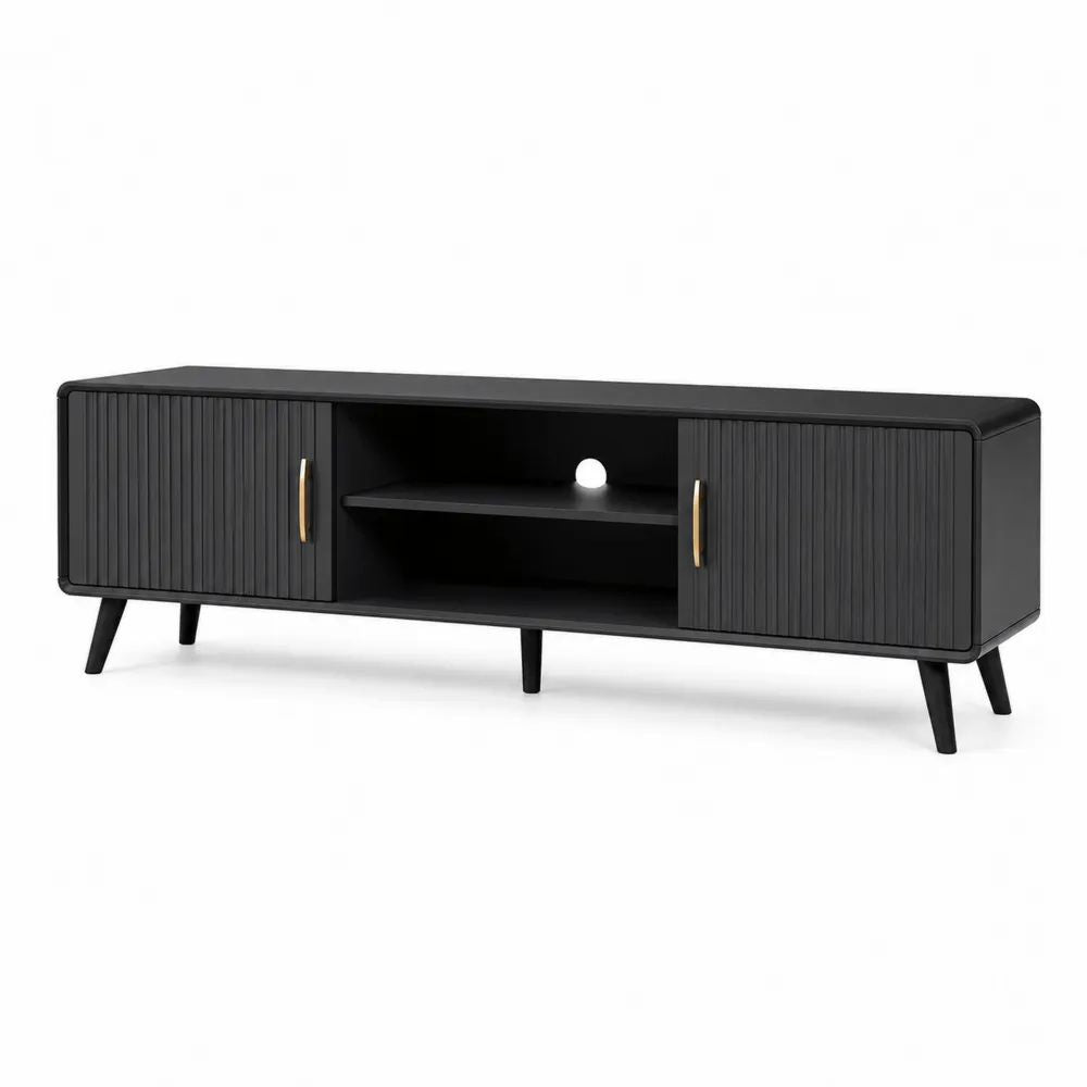 Meuble TV noir et doré avec 2 portes rainurées et étagère, MDF, panneaux de particules et métal, 150 x 40 x 55 cm
