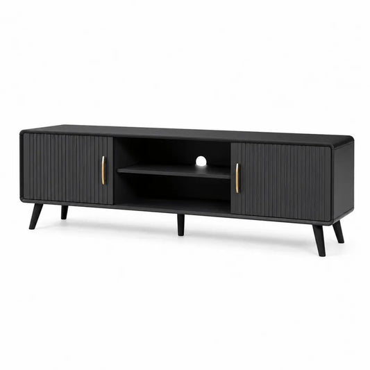 Meuble TV noir et doré avec 2 portes rainurées et étagère, MDF, panneaux de particules et métal, 150 x 40 x 55 cm