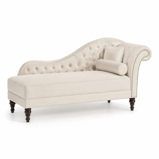 Méridienne capitonnée en velours polyester crème avec 2 coussins, 188 × 78 × 89 cm