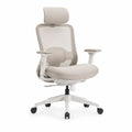 Chaise de bureau ergonomique pivotante en tissu et maille beige et blanche avec détails noirs, appuie-tête, accoudoirs réglables et soutien lombaire, 66 x 66 x 116-126 cm