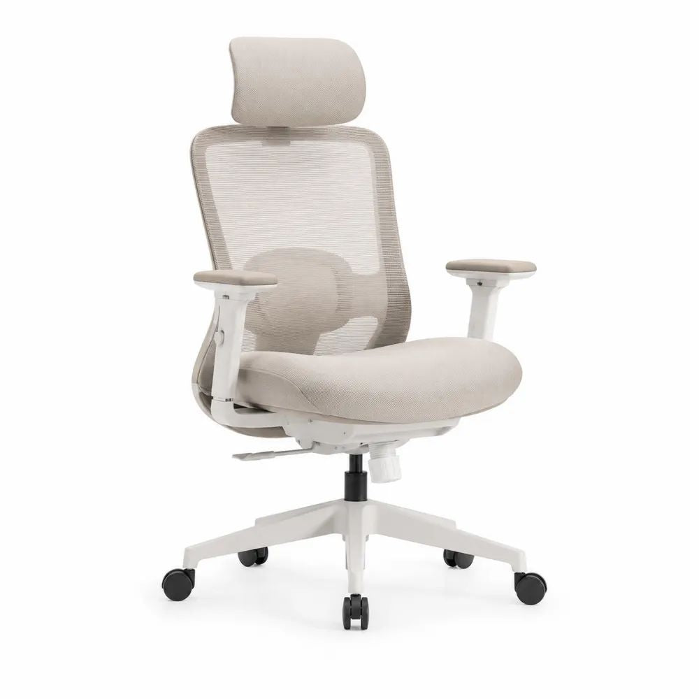 Chaise de bureau ergonomique pivotante en tissu et maille beige et blanche avec détails noirs, appuie-tête, accoudoirs réglables et soutien lombaire, 66 x 66 x 116-126 cm