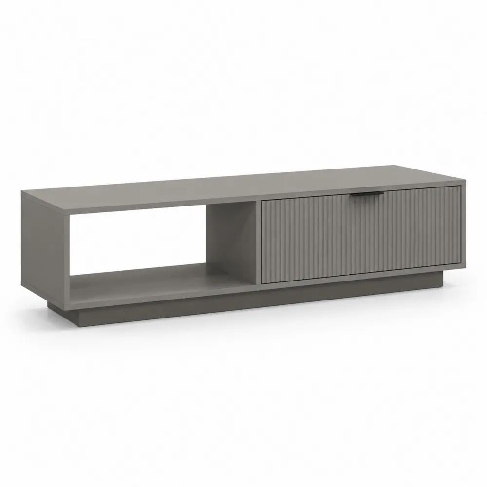 Meuble TV rectangulaire en bois et métal gris taupe et noir avec porte coulissante rainurée et niche ouverte, 160 × 40 × 50 cm