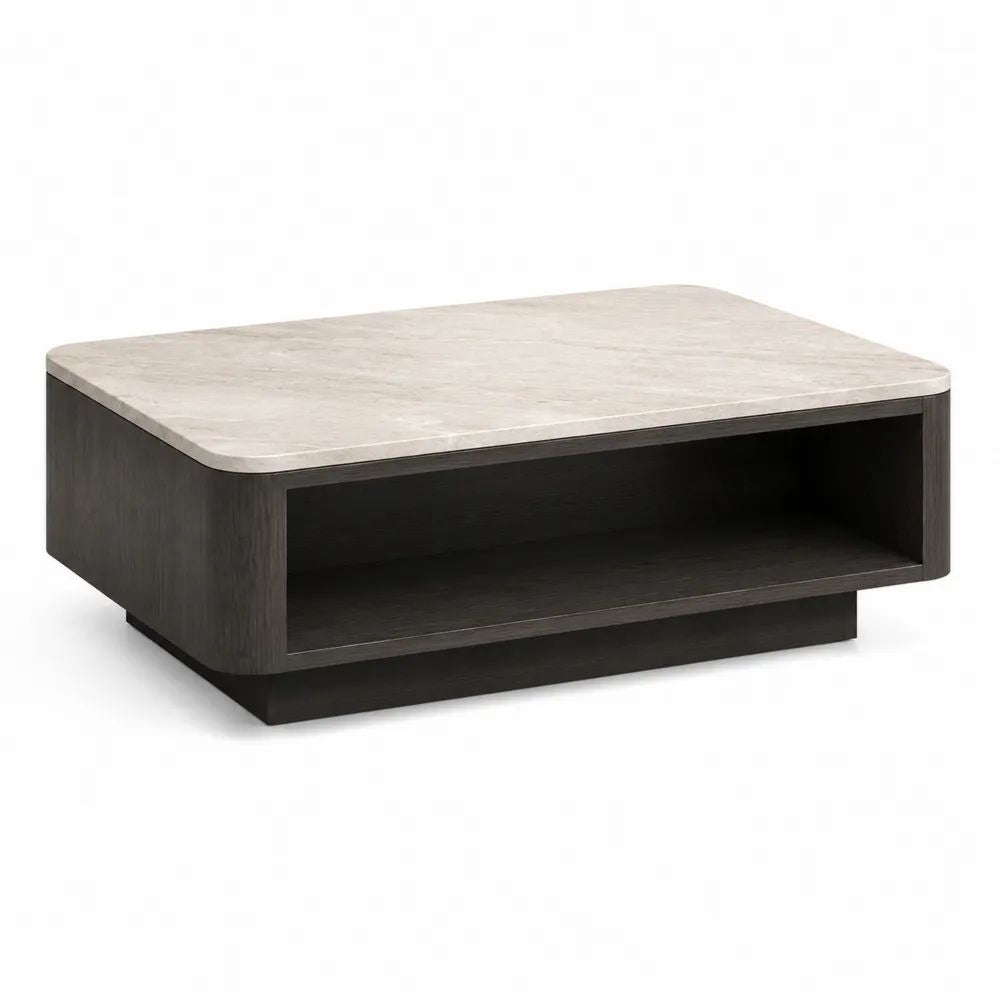 Table basse rectangulaire en pierre frittée et bois avec rangement ouvert, 100 × 60 × 38 cm, beige et noir