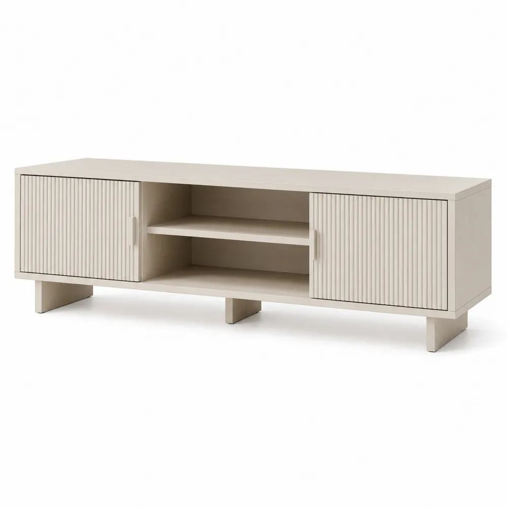 Meuble TV bas en MDF et panneaux de particules, 2 portes rainurées et 2 niches, beige, 140 × 40 × 55 cm