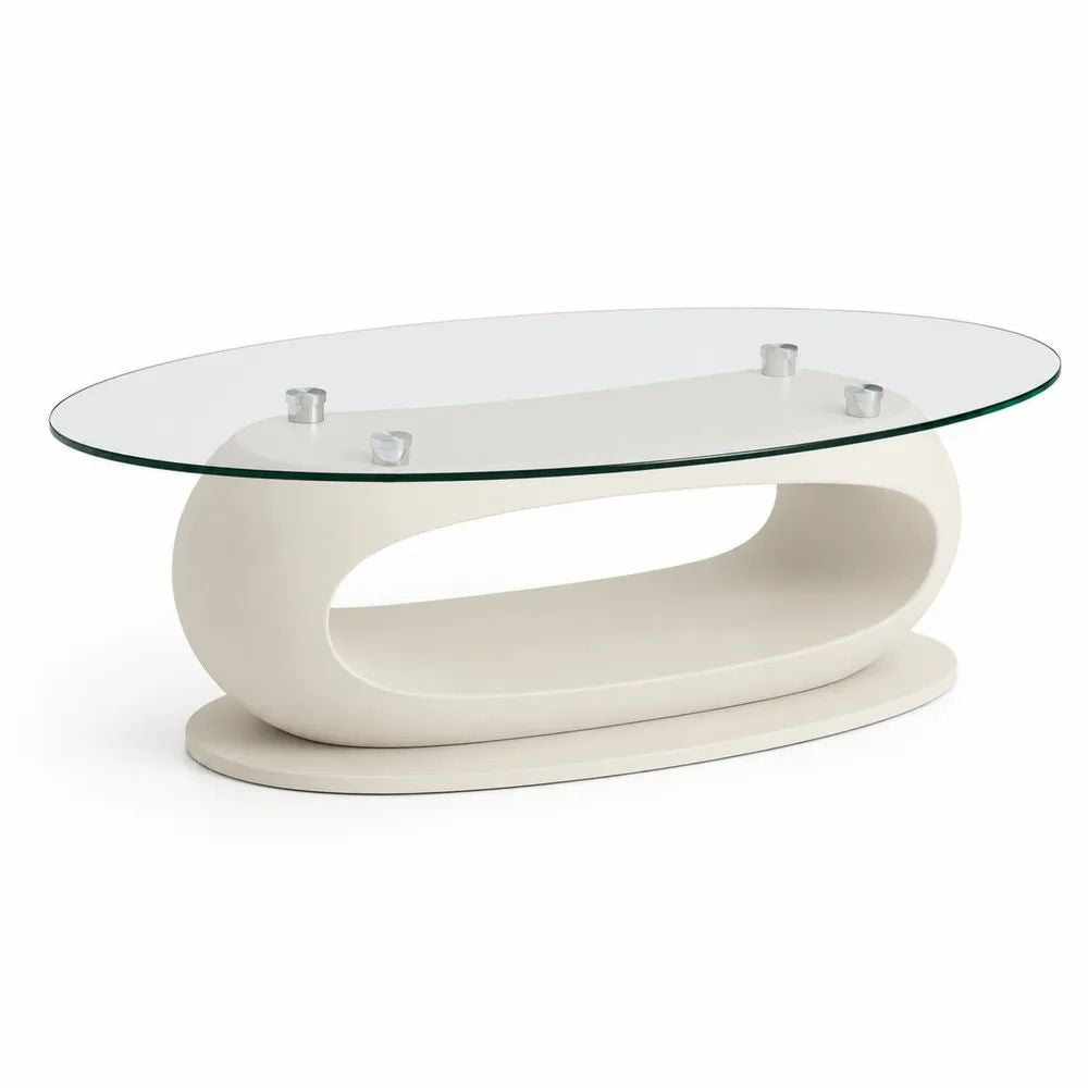 Table basse ovale en verre et MDF blanc, 110 × 60 × 45 cm