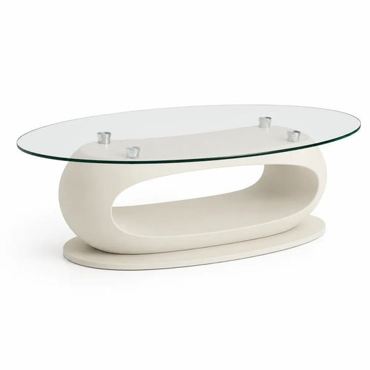 Table basse ovale en verre et MDF blanc, 110 × 60 × 45 cm