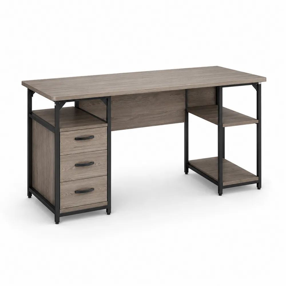 Bureau informatique rectangulaire en bois et métal, brun grisé et noir, 140 × 60 × 75 cm