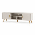 Meuble TV bas avec 2 portes et 3 niches en MDF rainuré beige clair, pieds en bois, 140 x 40 x 55 cm