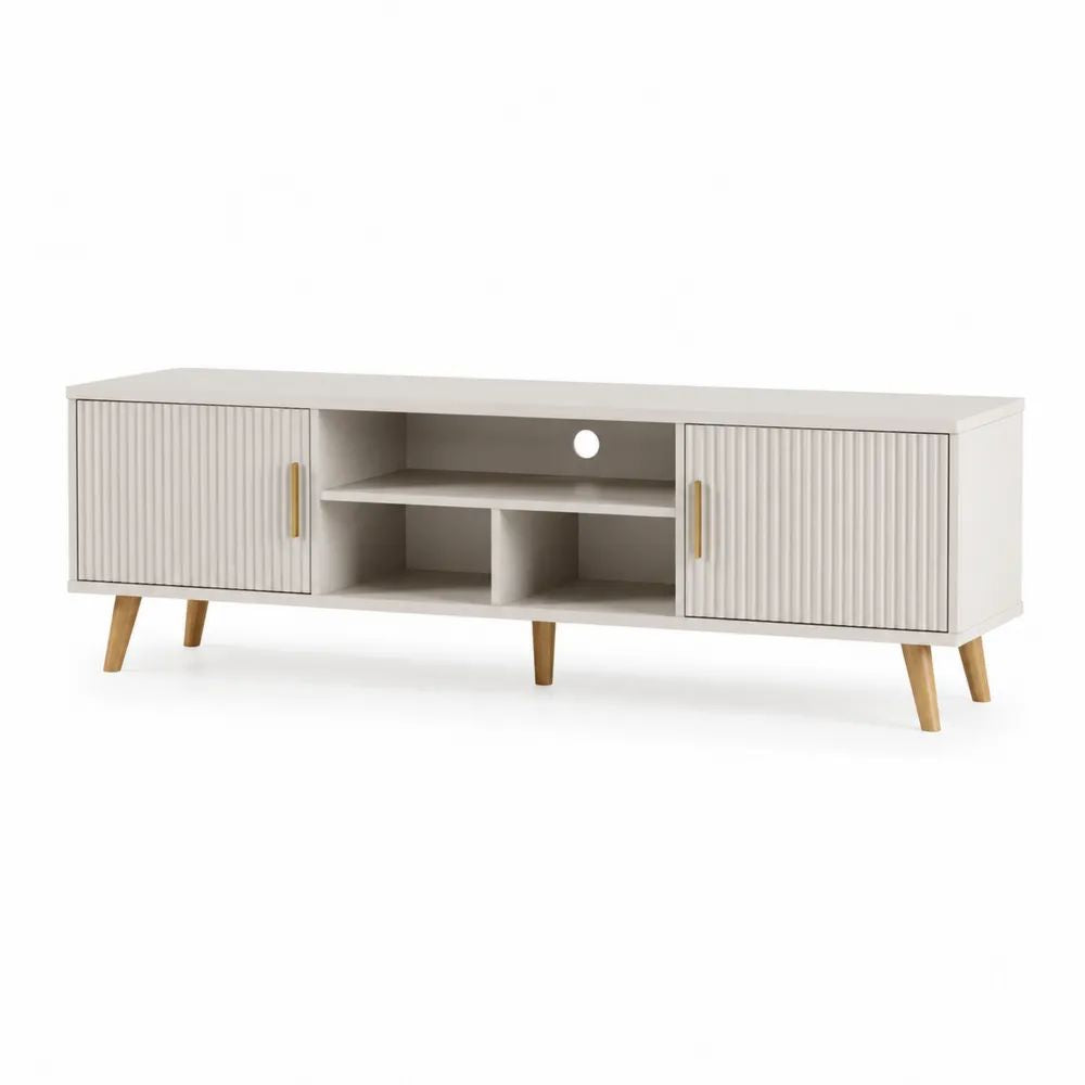 Meuble TV bas avec 2 portes et 3 niches en MDF rainuré beige clair, pieds en bois, 140 x 40 x 55 cm
