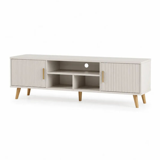 Meuble TV bas avec 2 portes et 3 niches en MDF rainuré beige clair, pieds en bois, 140 x 40 x 55 cm