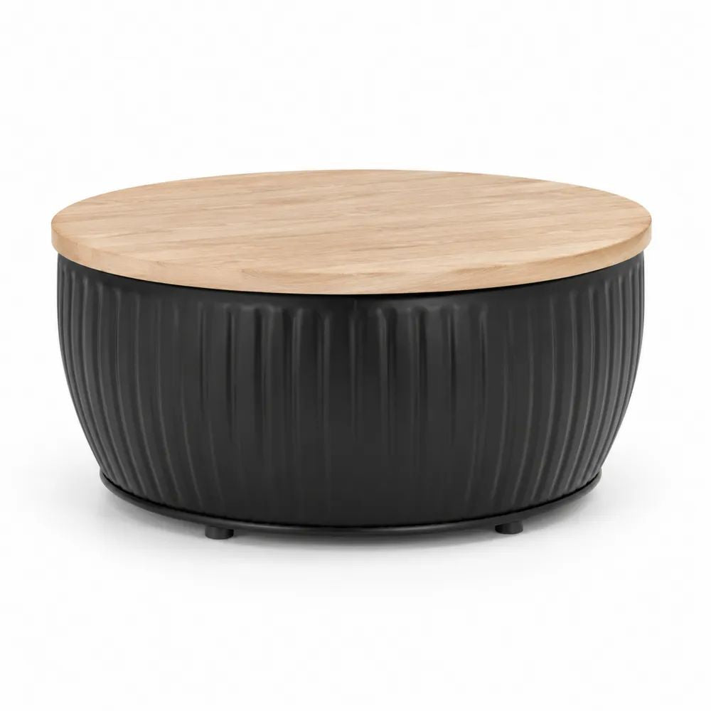 Table basse ronde avec rangement en bois massif et acier noir, Ø 80 x H 40 cm