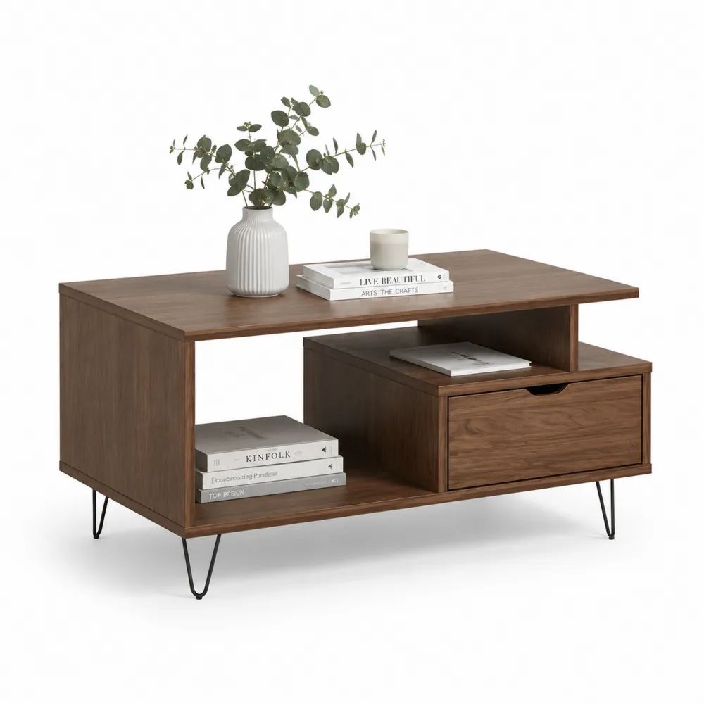 Table basse rectangulaire en bois avec tiroir, 2 niches et pieds en acier, brun noyer/noir, 100 × 50 × 50 cm