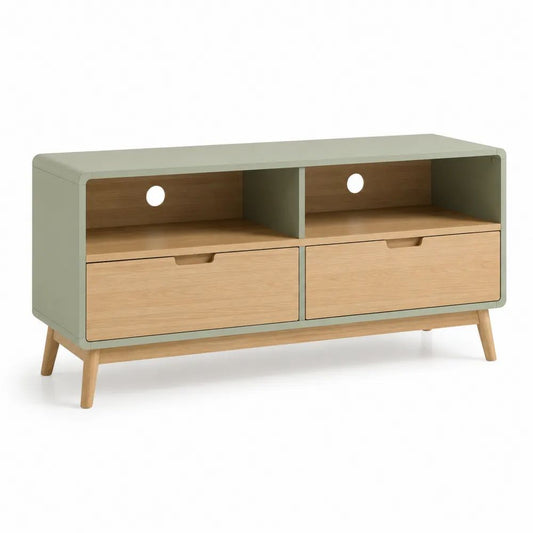 Meuble TV en MDF plaqué chêne avec 2 tiroirs, 2 niches et passe-câbles, vert sauge et chêne naturel, 120 × 40 × 65 cm