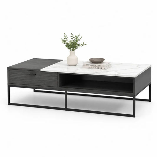 Table basse rectangulaire avec tiroir et niche, panneaux de particules effet marbre blanc et métal noir, 110 × 55 × 45 cm