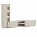 Ensemble meuble TV 2 éléments en MDF rainuré beige avec colonne de rangement et éclairage LED, 260 x 40 x 190 cm