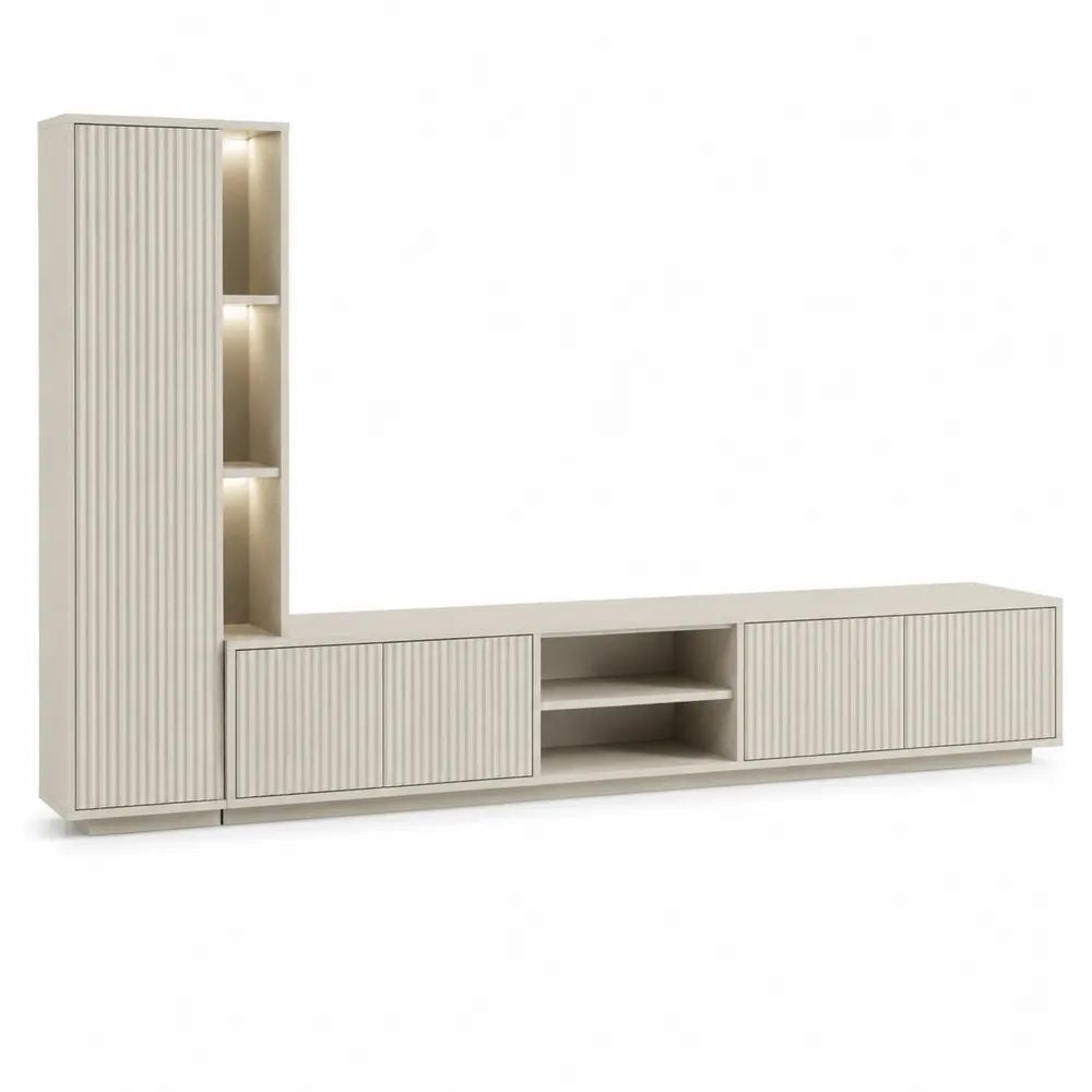 Ensemble meuble TV 2 éléments en MDF rainuré beige avec colonne de rangement et éclairage LED, 260 x 40 x 190 cm