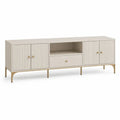 Meuble TV bas en MDF et acier beige et doré, 4 portes, 1 tiroir et 1 niche, 180 x 40 x 70 cm