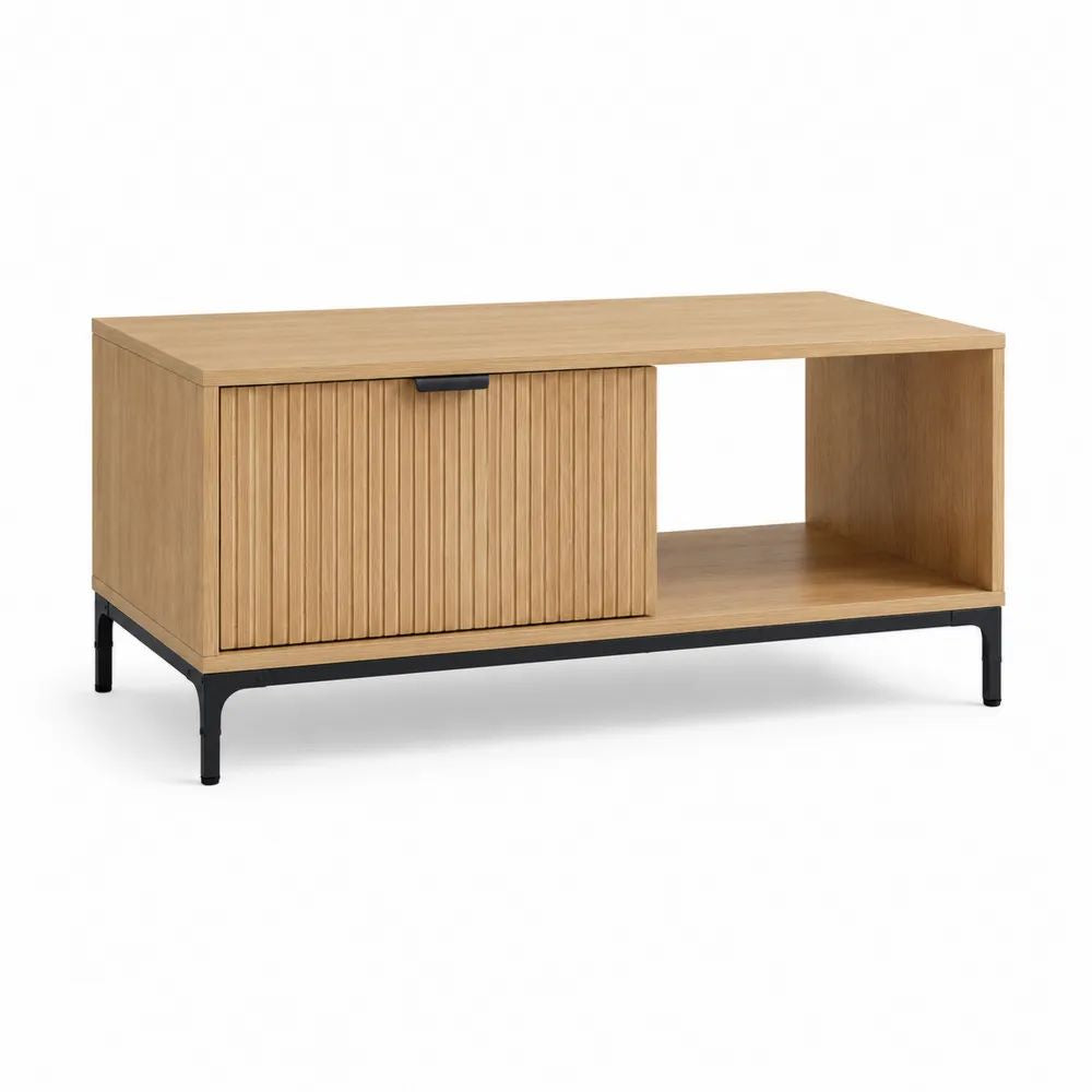 Table basse rectangulaire avec rangement en MDF plaqué chêne et acier noir, 100 × 50 × 50 cm