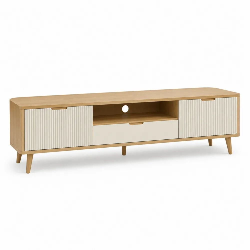 Meuble TV bas en bois avec 2 portes, 1 tiroir et passe-câbles, chêne clair et blanc, 160 x 40 x 58 cm