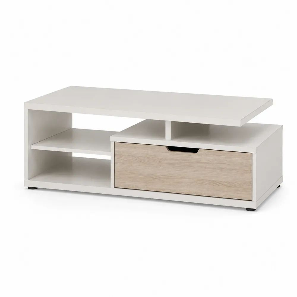 Table basse rectangulaire en panneaux de particules mélaminés blanc et chêne clair avec tiroir et 3 niches, 100 × 50 × 45 cm