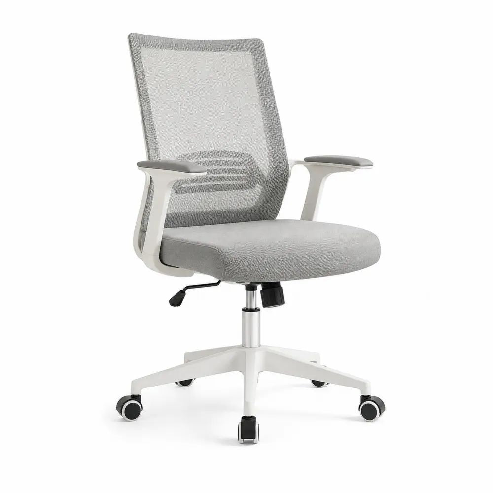 Chaise de bureau pivotante en maille grise et blanche avec accoudoirs, hauteur réglable, 62 x 60 x 98-108 cm