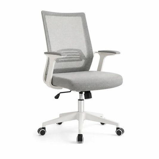 Chaise de bureau pivotante en maille grise et blanche avec accoudoirs, hauteur réglable, 62 x 60 x 98-108 cm