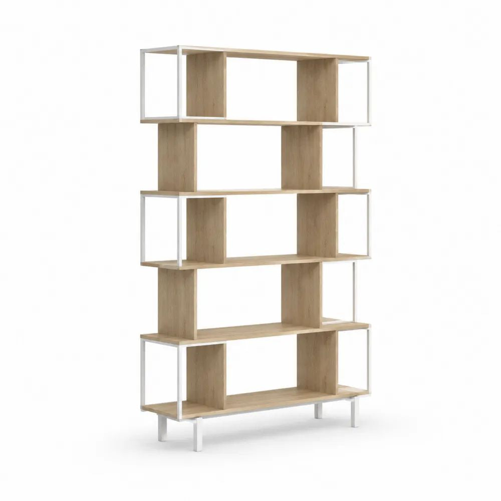 Bibliothèque ouverte rectangulaire à 5 niveaux en bois et métal, chêne clair et blanc, 120 × 30 × 180 cm