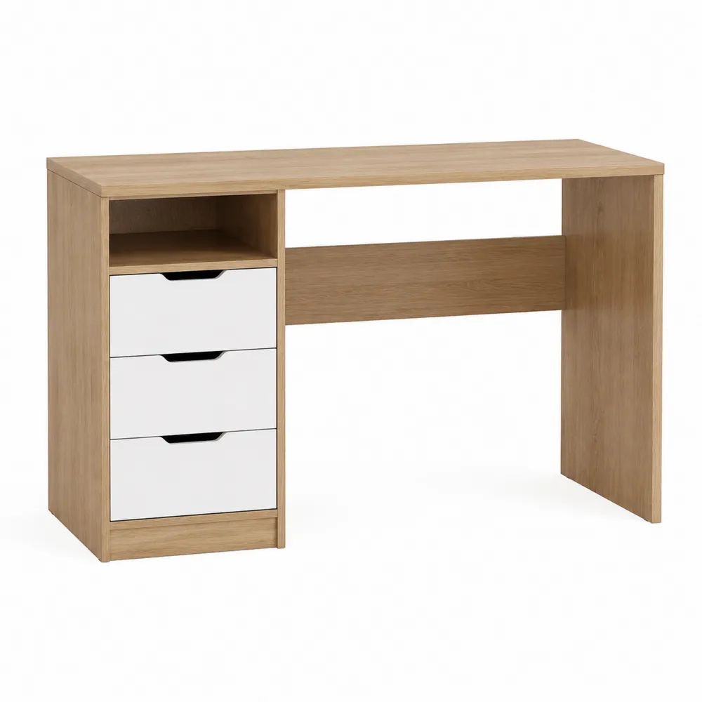 Bureau informatique rectangulaire en panneaux de particules mélaminés, chêne naturel et blanc, avec 3 tiroirs, 120 × 50 × 75 cm
