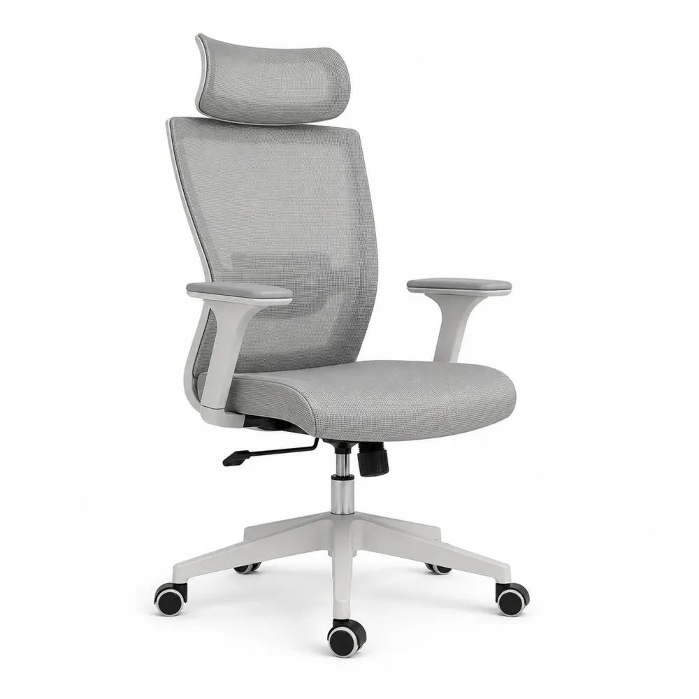 Chaise de bureau ergonomique pivotante en tissu maillé gris clair et blanc avec appuie-tête et accoudoirs, 65 × 65 × 115–125 cm