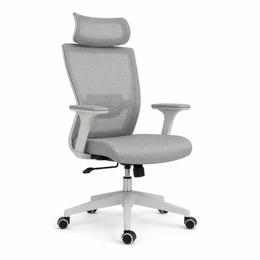Chaise de bureau ergonomique pivotante en tissu maillé gris clair et blanc avec appuie-tête et accoudoirs, 65 × 65 × 115–125 cm