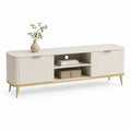 Meuble TV bas en MDF à 2 portes cannelées, blanc cassé et doré, 180 × 40 × 60 cm