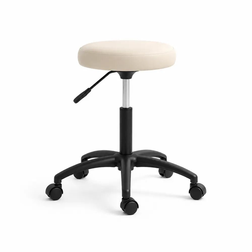Tabouret pivotant réglable en hauteur, assise ronde en PU beige, structure en métal et plastique noir, 48 × 48 × 42–54 cm