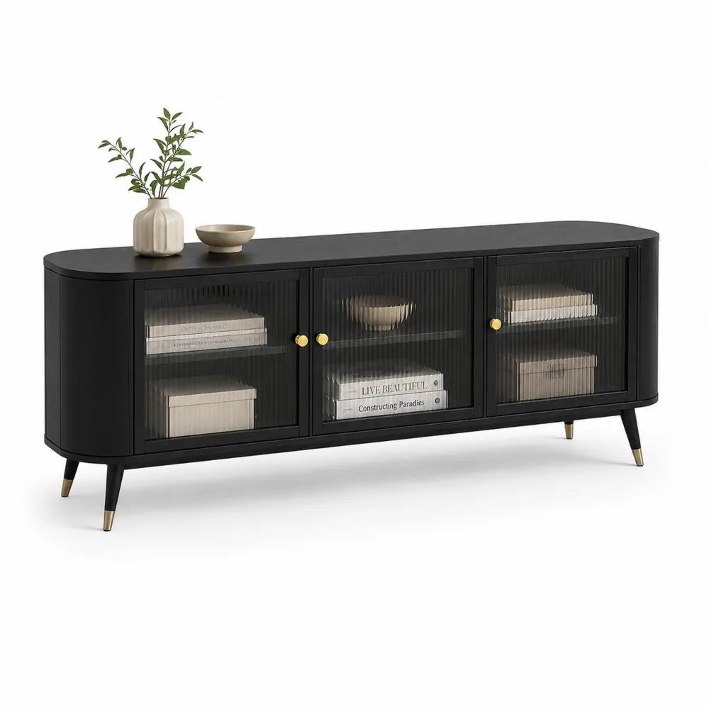 Meuble TV bas en MDF et verre noir et doré, 160 × 40 × 70 cm